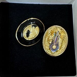 Vintage Gold-tone Black Oval Clip Earrings